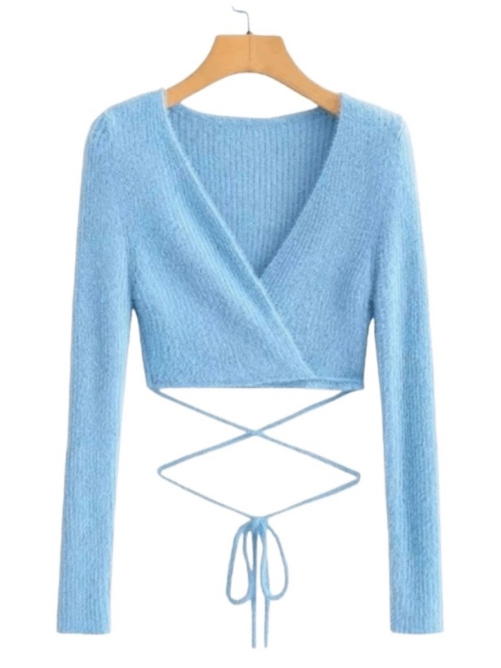 White Fox Boutique Light Blue Cropped Wrap Tie Front Top